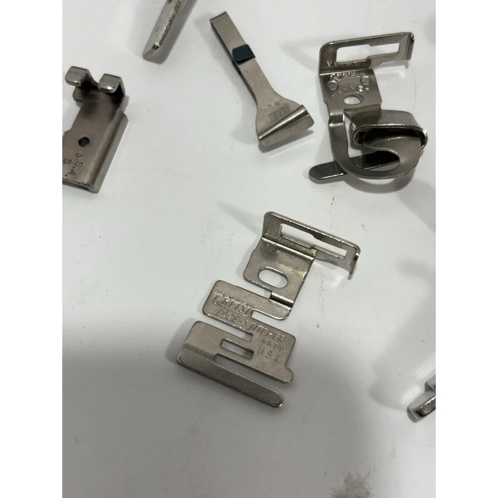Vintage Sewing Machine Greist Attachments Parts Accessories LOT Of 14 w Tin Box